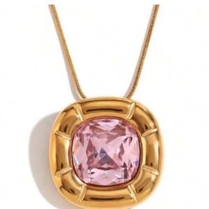 New 18K Gold Plated Stainless Steel Pink CZ Pendant Necklace | Gold Chain